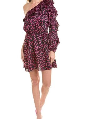 The Kooples Black One-Shoulder Ruffle Dress with Pink Floral Motif